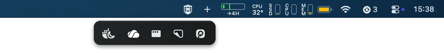 Menu bar do macOS com um painel escuro logo abaixo, exibindo cinco ícones escondidos