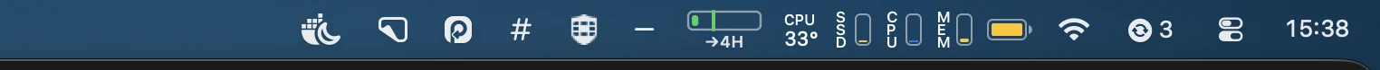 Menu bar do macOS expandida, com os ícones escolhidos à esquerda do separador em formato de cerquilha